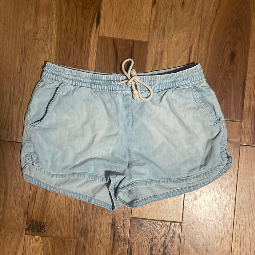 Aerie American Eagle Tie Shorts Size Medium Blue Denim Loose Jean Acid Wash